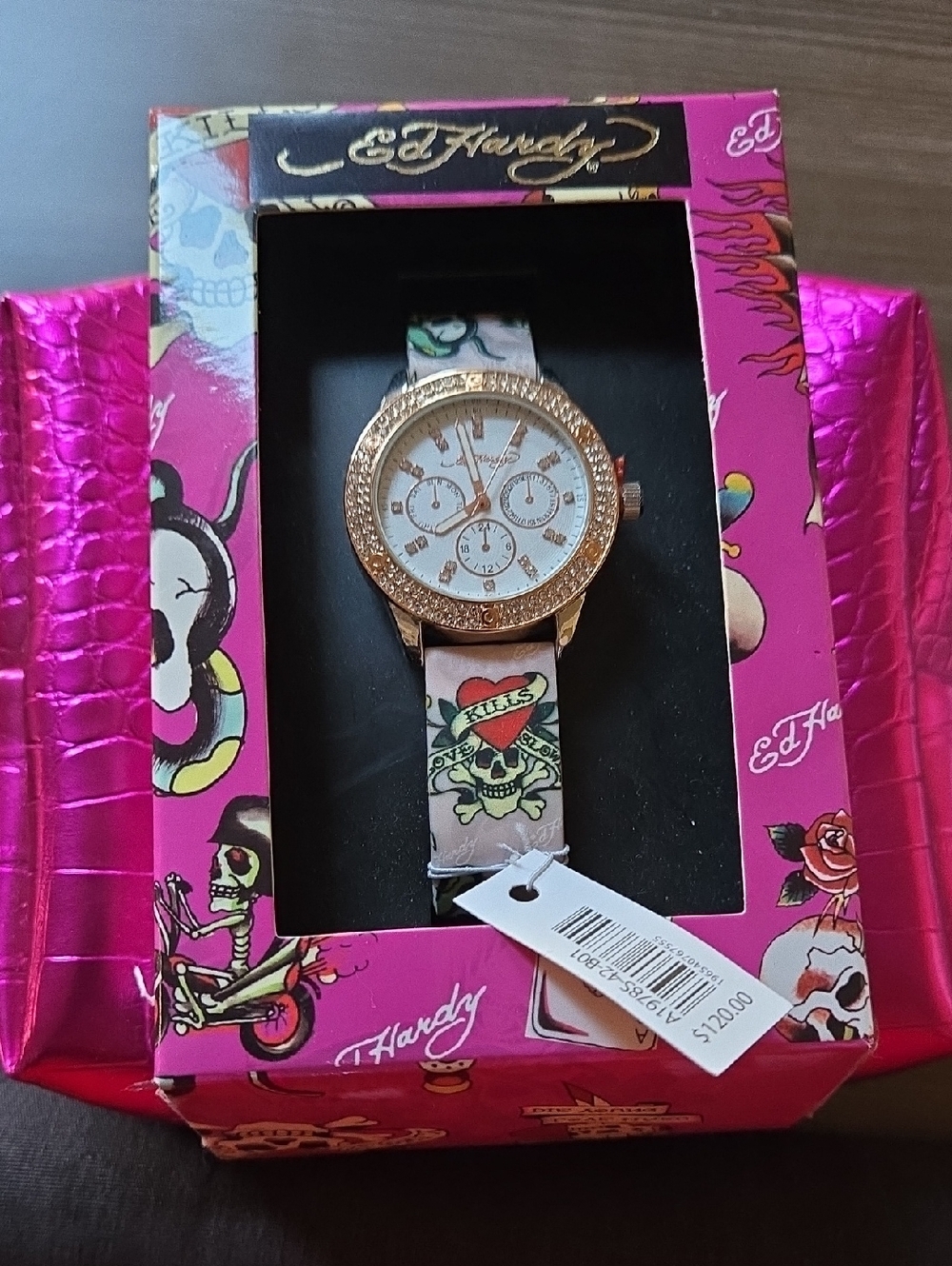 Ed Hardy Rose Gold Crystal Bezel Watch with Pink Tattoo-Print Strap & Makeup Bag